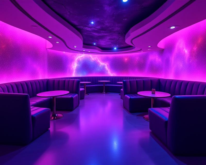 The Orbital Lounge with nebula-inspired purple and pink lighting