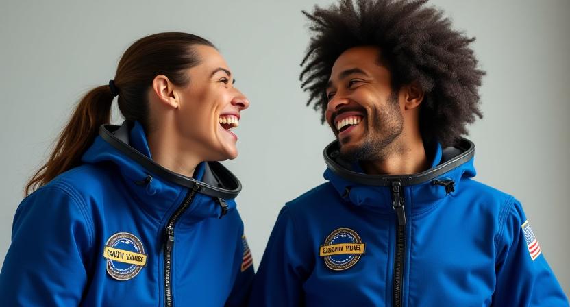 Guests laughing while wearing authentic-looking flight suits
