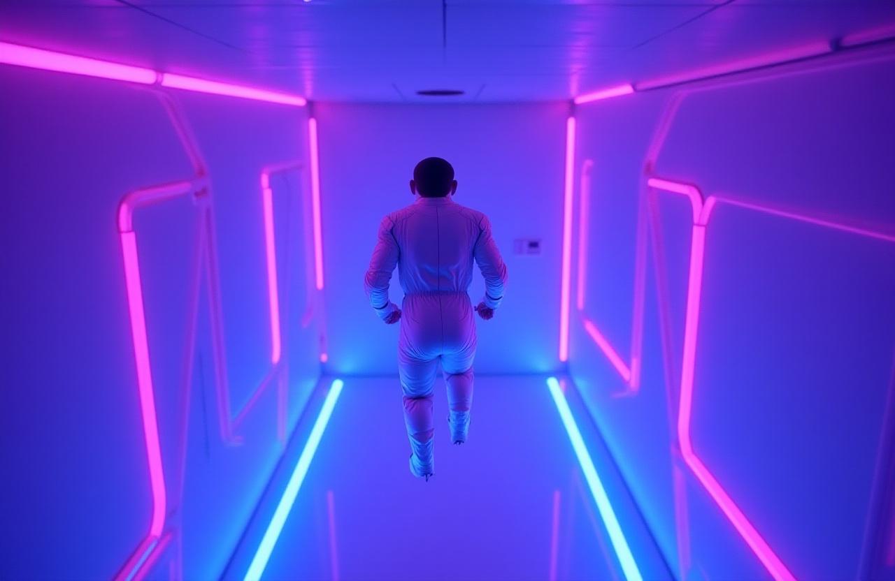 Astronaut trainee in zero gravity simulation chamber at Equinox Stellar Stays