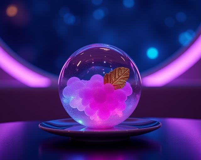 Futuristic floating dining experience with molecular foam and neon accents