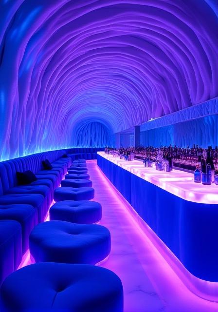 Bioluminescent lighting in a sleek purple lounge area